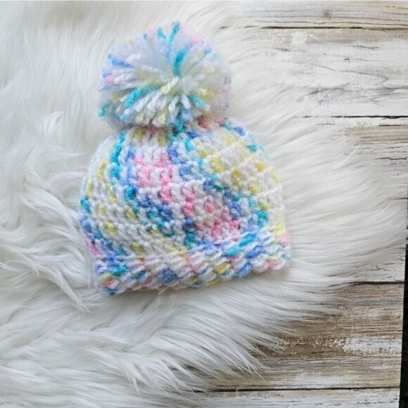 Newborn Hat from Cotton N Kandi on Etsy- 13" Rainbow Pastel Pom, Pink - Picture 1 of 2